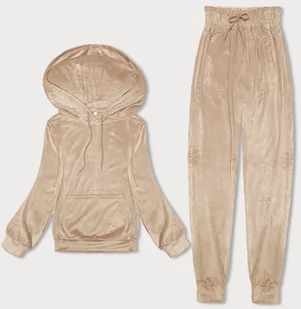 Welurowy dres damski z kapturem jasny beż (8C1175-159) - J STYLE - Bluzy damskie - miniaturka - grafika 1