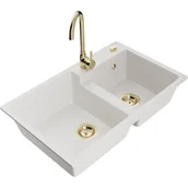 Zlewozmywaki z baterią - Mexen Tomas zlewozmywak granitowy 2-komorowy z baterią kuchenną Telma, biały - miniaturka - grafika 1