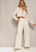 Komplety damskie - Beżowy Garniturowy Komplet w Paseczki Marynarka Cropped i Szerokie Spodnie Mairilee - miniaturka - grafika 1