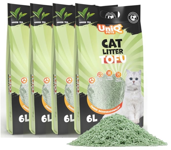 Żwirek dla kota TOFU zielona herbata 2,5kg x4 UniQ Pets 10kg 24L