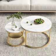 Ławy i stoliki kawowe - Fortuna Lai stolik kawowy 2 w 1 o wyglądzie marmuru zestaw 2 stolików bocznych z półką, Ø 70 x 45/Ø 45 x 40 cm, metalowa rama, złoty - miniaturka - grafika 1