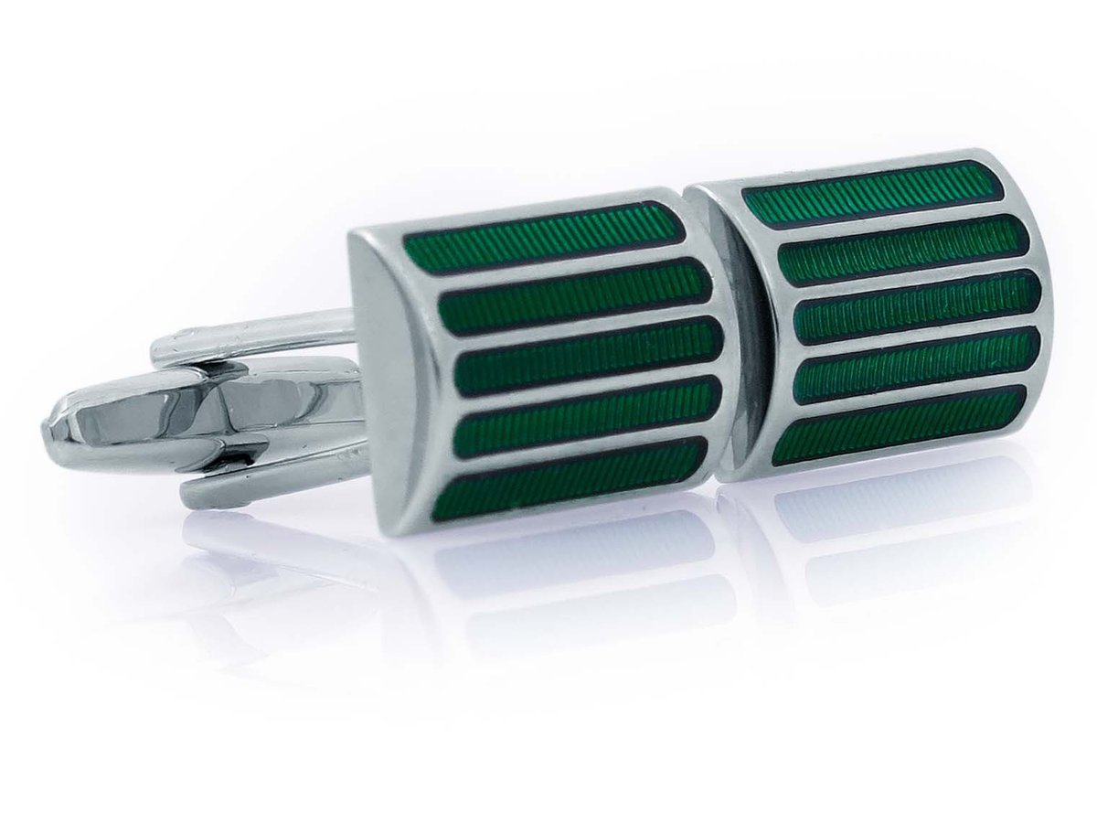 Prostokątne zaokrąglone srebrno-zielone spinki do mankietów - A274