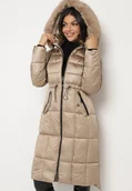Kurtki damskie - Ciemnobeżowa Pikowana Kurtka z Kapturem z Futerkiem z Możliwością Odpięcia Ściągana w Talii Ravanna - miniaturka - grafika 1