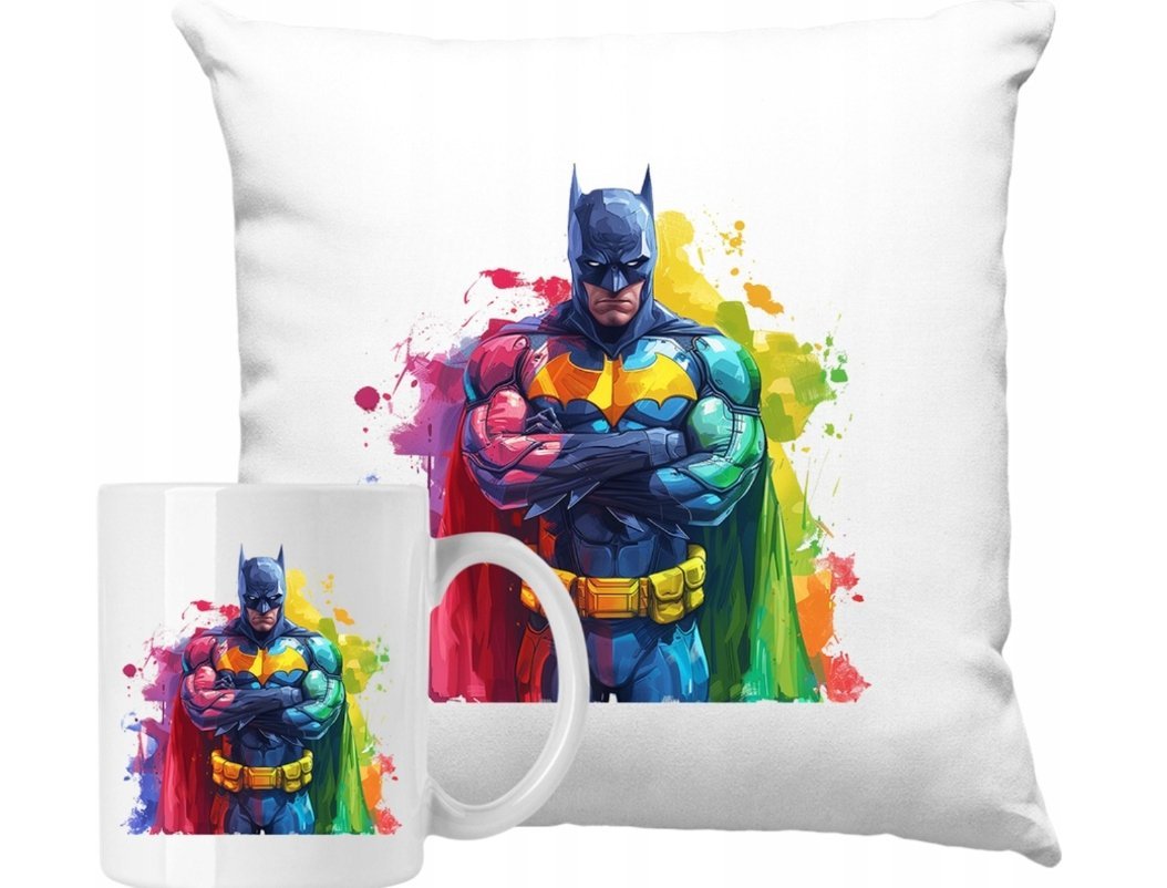 ZESTAW PODUSZKA + KUBEK Batman Superbohater Kolory Pomysł Na Prezent +IMIĘ