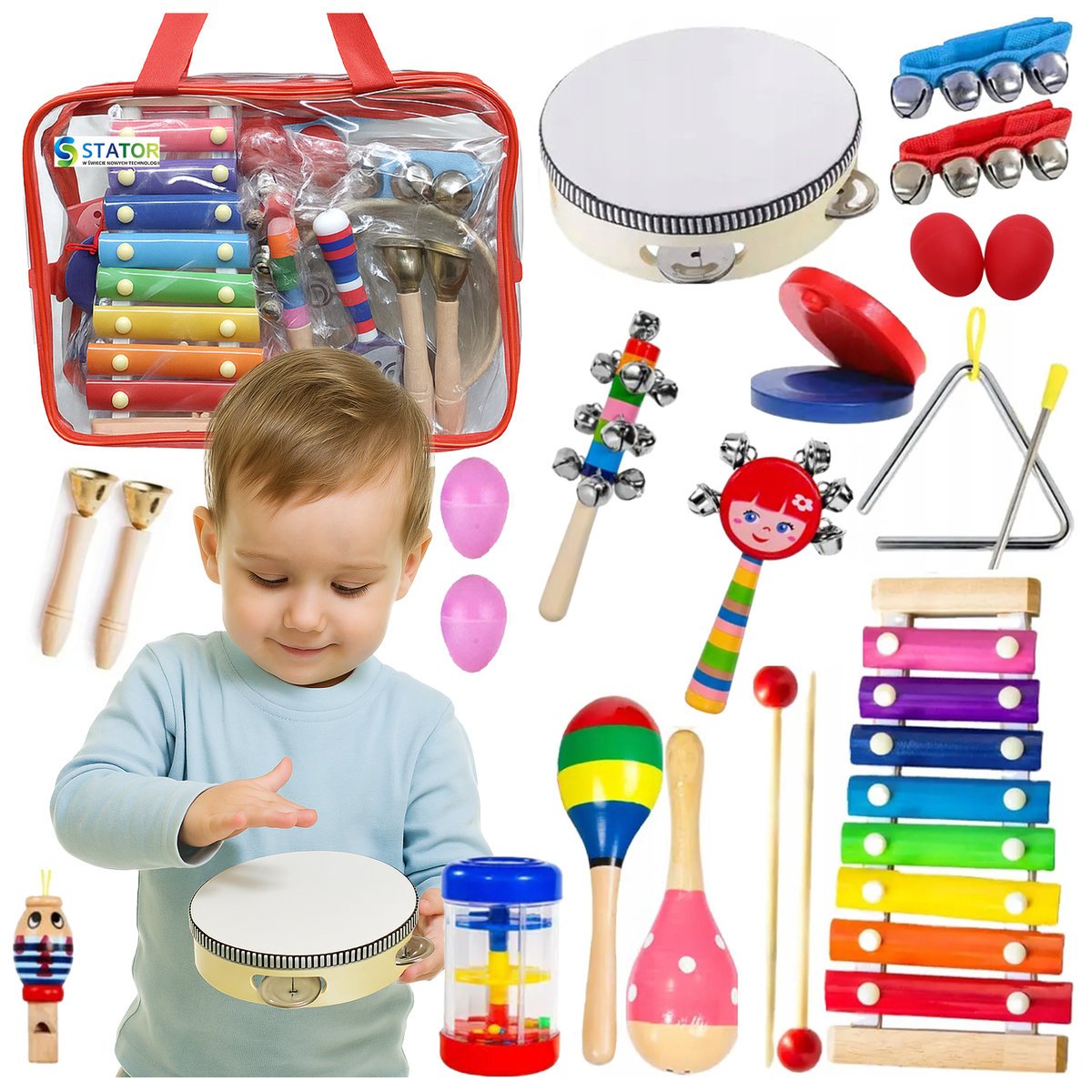 Drewniany Zestaw Muzyczny Edukacyjny Instrumenty dla Dzieci Cymbałki +torba