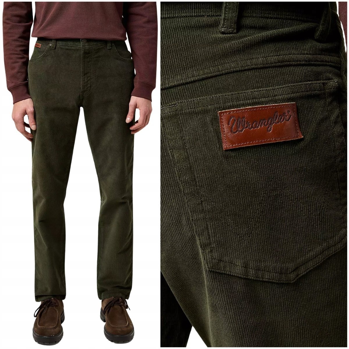 Wrangler TEXAS SLIM Forest klasyczne beżowe proste spodnie sztruksy W30 L32