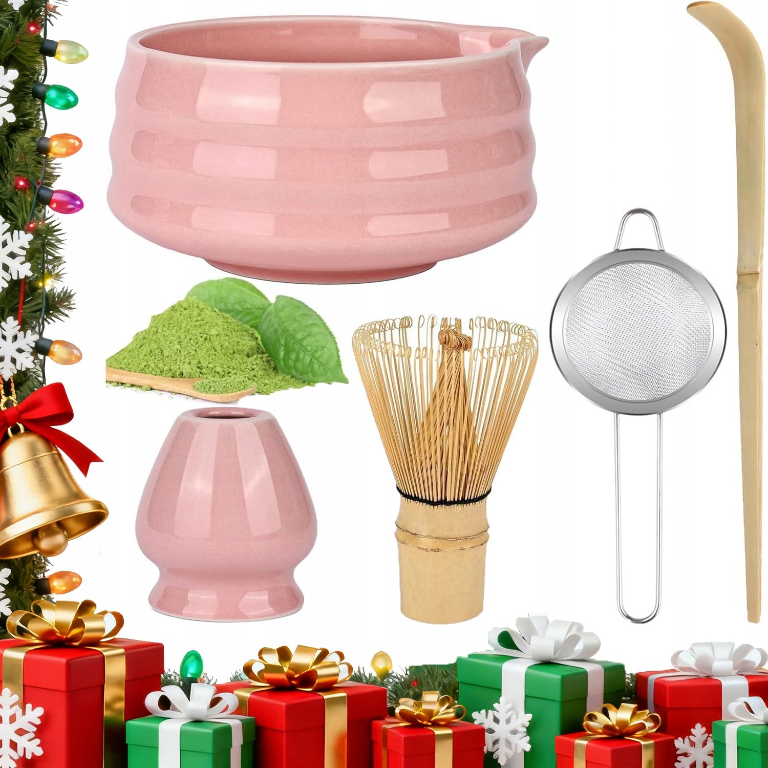 Zestaw Do Matchy Różowy Z Bambusowym Chasen Ceramika 5W1 Łatwy W Użyciu