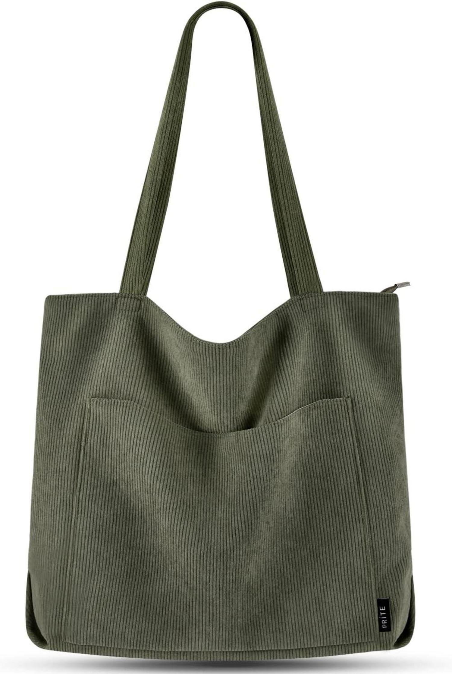 Torebka damska shopper duża sztruksowa torba na ramię materiałowa ciemnozielona