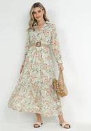 Sukienki - Miętowa Rozkloszowana Sukienka Maxi z Kołnierzykiem i Plecionym Paskiem c - miniaturka - grafika 1