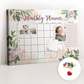 Tablice i flipcharty - Szkolna Tablica korkowa 60x40 cm, Kolorowe Pinezki, wzór Różany planer - miniaturka - grafika 1