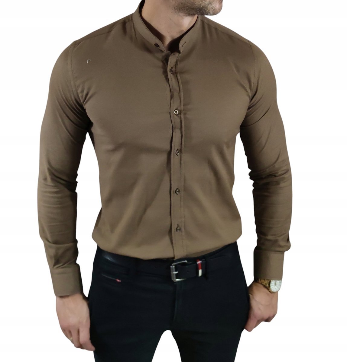 Koszula slim fit ze stójką casualowa brązowa struktura EGO01 - 3XL