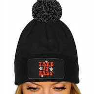 Czapki damskie - CZAPKA POMPON Jesienna BAWEŁNIANA ZIMOWA CZARNA BEANIE TAKE IT EASY Wzory - miniaturka - grafika 1