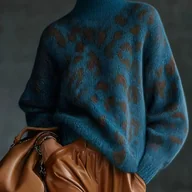 Swetry damskie - TEMU Damski Zimowy Ciepły Gruby Sweter - Turkusowo-Niebieski i Brązowy Sweter z Golfem w Bloki Kolorów, Luźny Krój z Długim Rękawem, Miękki i - miniaturka - grafika 1