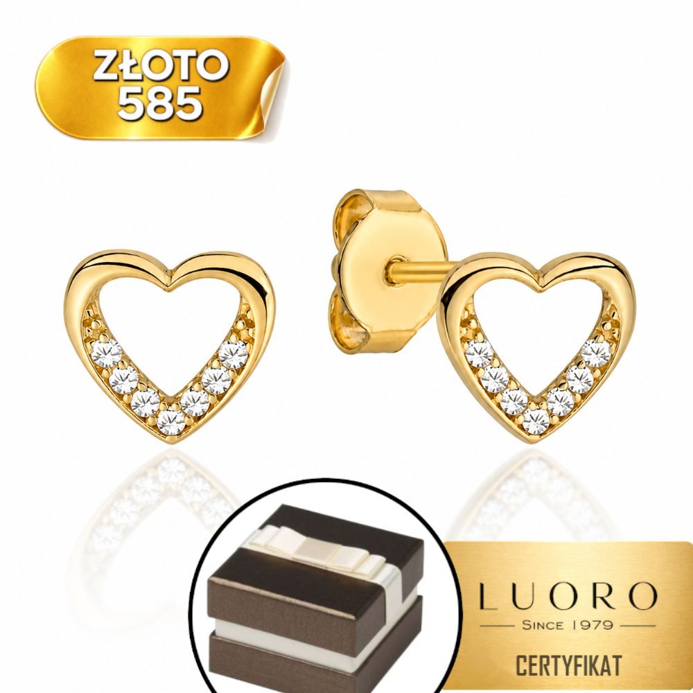 KOLCZYKI ZŁOTE 585 14K SERCA Z CYRKONIĄ SZTYFT 7 MM ELEGANCKIE
