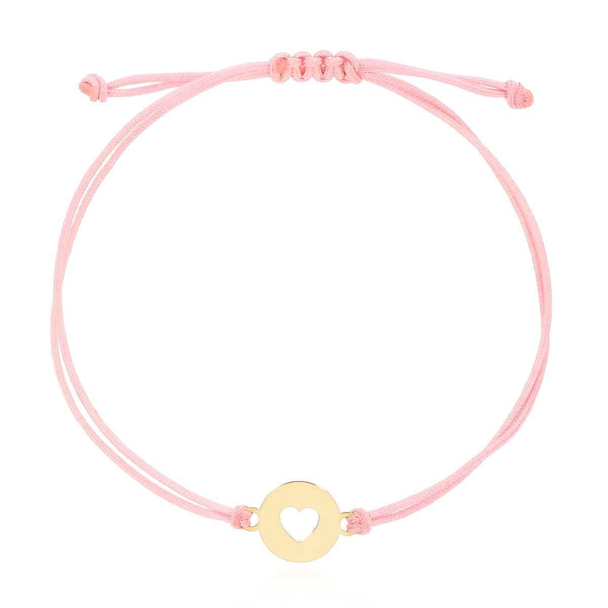 Bransoletka różowy sznurek serce w złotym kółku złoto pr. 585