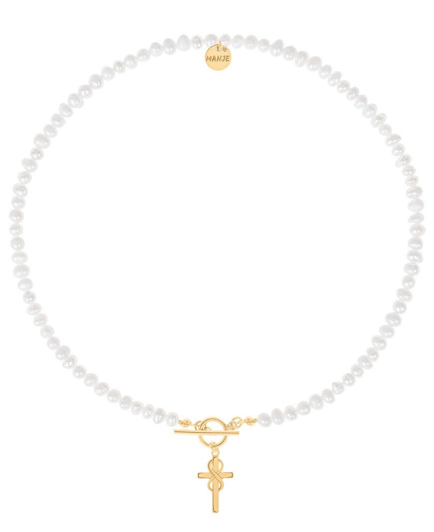Naszyjnik z pereł z pozłacanym krzyżem i nieskończonością 40 cm