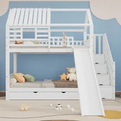 Łóżka dla dzieci i młodzieży - Łóżko piętrowe 2 x 90 x 200 cm z 4 drzwiami, 2 szufladami i prowadnicą - Sosna + MDF - Białe (Materace nie są wliczone w cenę) - miniaturka - grafika 1