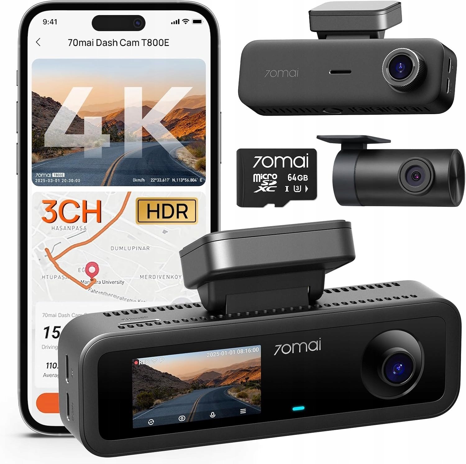 70mai Dash Cam 4K T800 3-kanałowy HDR GPS Karta 64GB