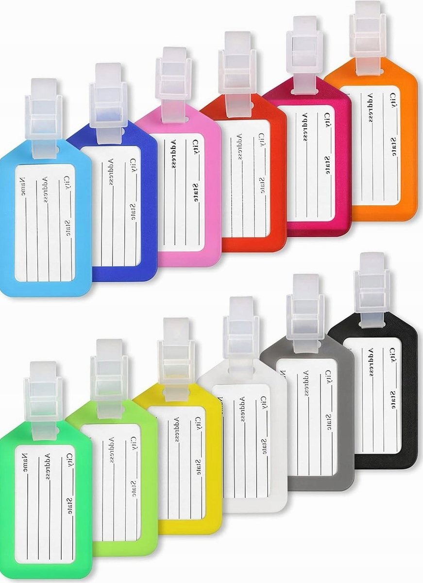 ETYKIETY BAGAŻOWE 12 SZTUK 8X5CM PLASTIKOWE IDENTYFIKATOR WALIZKI KOLOROWE