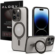 Etui i futerały do telefonów - Etui pancerne Alogy Stand Ring Case obudowa ochronna na telefon do MagSafe do Apple iPhone 14 Pro Max Czarne + Szkło - miniaturka - grafika 1