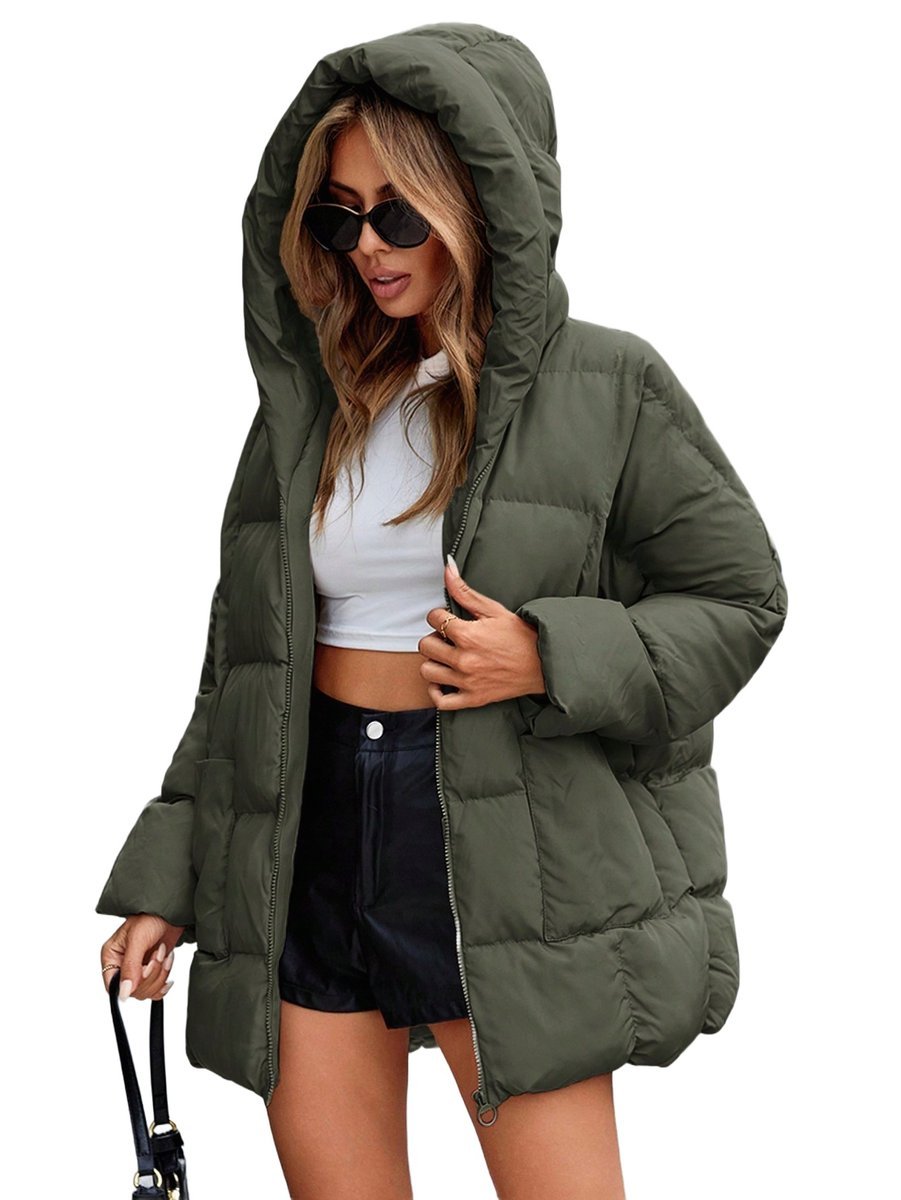 KURTKA DAMSKA PUCHOWA Z KAPTUREM KHAKI OVERSIZE M 1LA