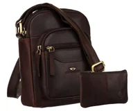 Torby męskie - Skórzana torba męska na ramię PETERSON miejska mała listonoszka crossbody brązowa kieszonki na suwak długi pasek z regulacją + etui na klucze - miniaturka - grafika 1