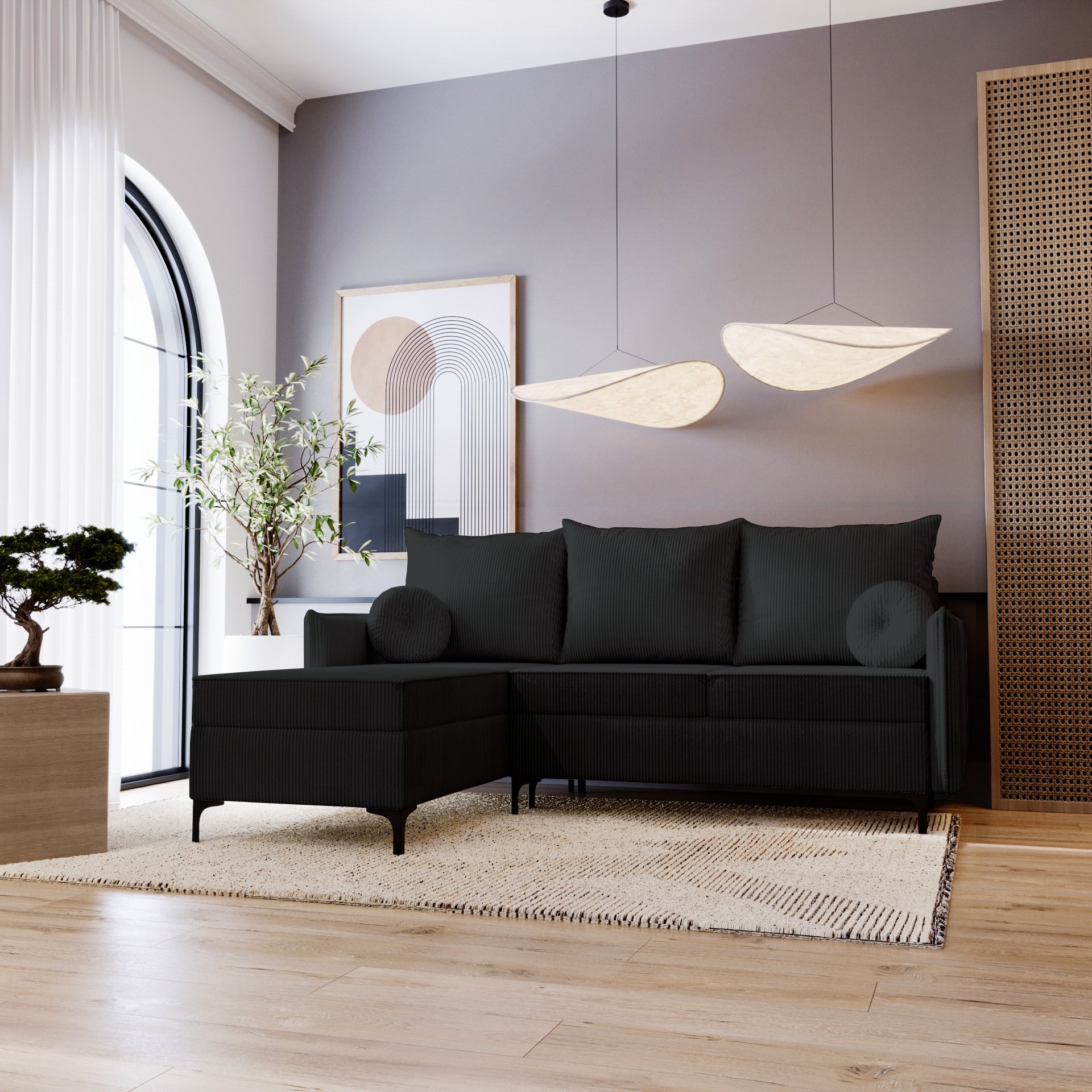Narożnik w kształcie litery L Lion - Sofa do salonu z funkcją spania i podstawą łóżka - Lewy - Czarny & Poso 135