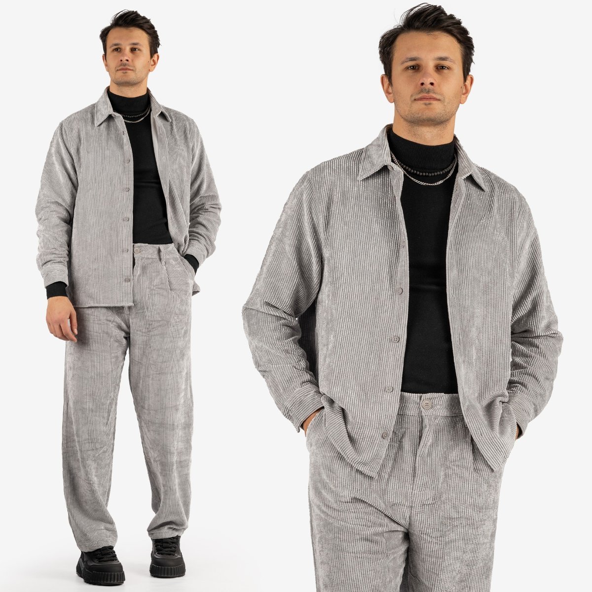 Komplet Sztruksowy Męski Koszula Spodnie Stylowy Elegancki Szary 2512 L Szary