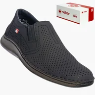 Mokasyny męskie - Buty Męskie RIEKER Półbuty Skórzane Mokasyny Wsuwane Granatowe 05297-14 45 Granatowy - miniaturka - grafika 1
