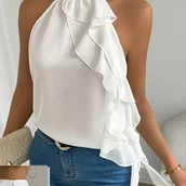 Inne - TEMU Elegancka Specjalna Damska Bluzka z Falbanką i Stójką bez Rękawów - Lekki Letni Półprzezroczysty Top z Elastycznym Pasem, Jednolity Możliwość - miniaturka - grafika 1