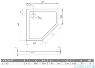 Radaway Doros Pt Stone brodzik pięciokątny 80x80x5cm biały SDRPT8080-01-04S - Brodziki prysznicowe - miniaturka - grafika 2