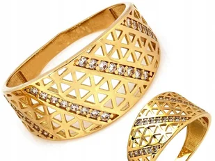 Szeroki złoty ażurowy pierścionek 585 14kt zdobiony cyrkoniami 2.40g R15 - Pierścionki - miniaturka - grafika 1