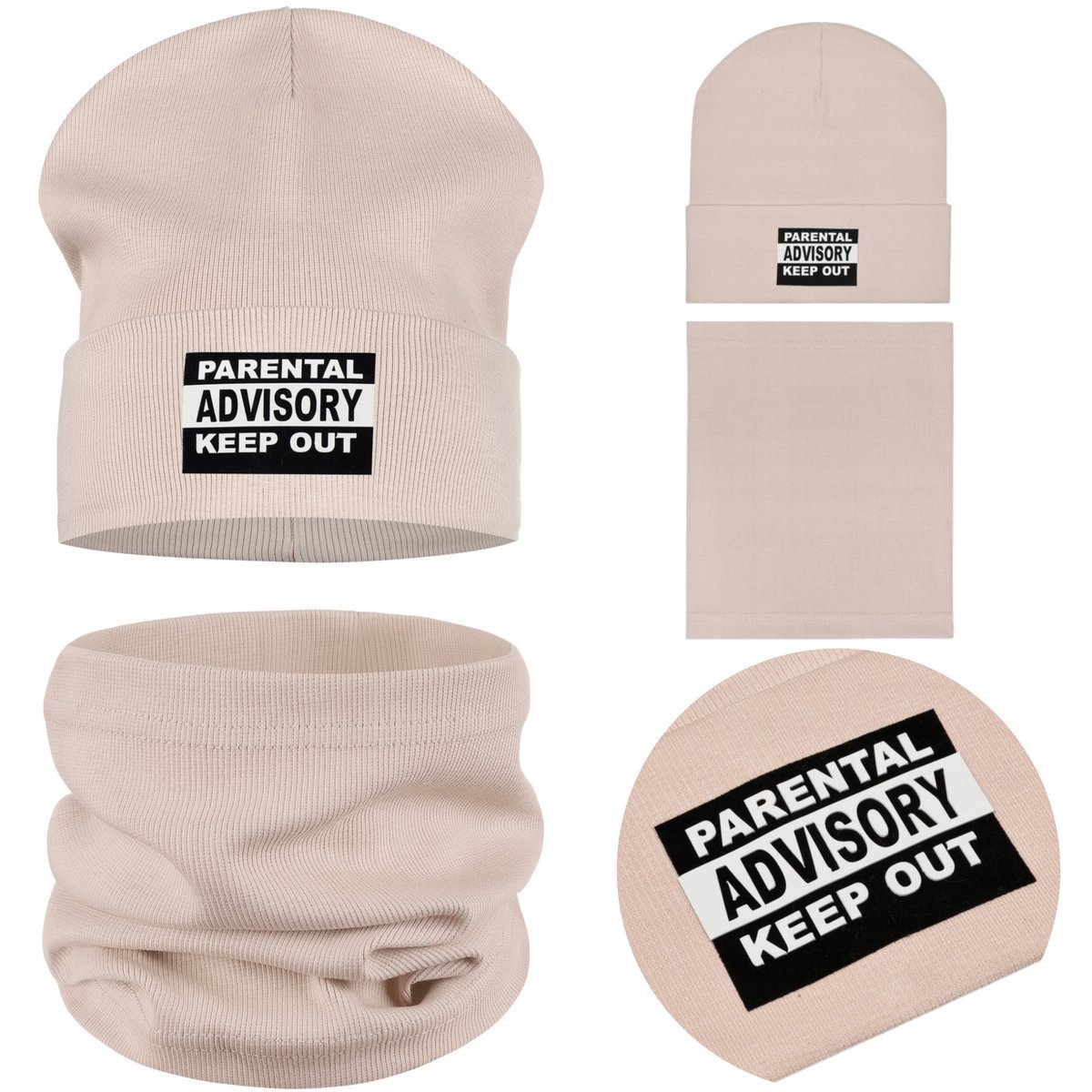 Komplet Dziecięcy Jesienny Beżowy Czapka Wywijana + Komin Bawełna 40-46