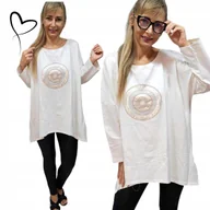 Bluzki damskie - Sukienka tunika złoto koło luźna bawełna cyrkonie biała 50 52 5xl 6xl - miniaturka - grafika 1