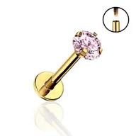 Kolczyki - Tytanowy ZŁOTY Labret z Różową cyrkonią 1,2/10/4 - miniaturka - grafika 1