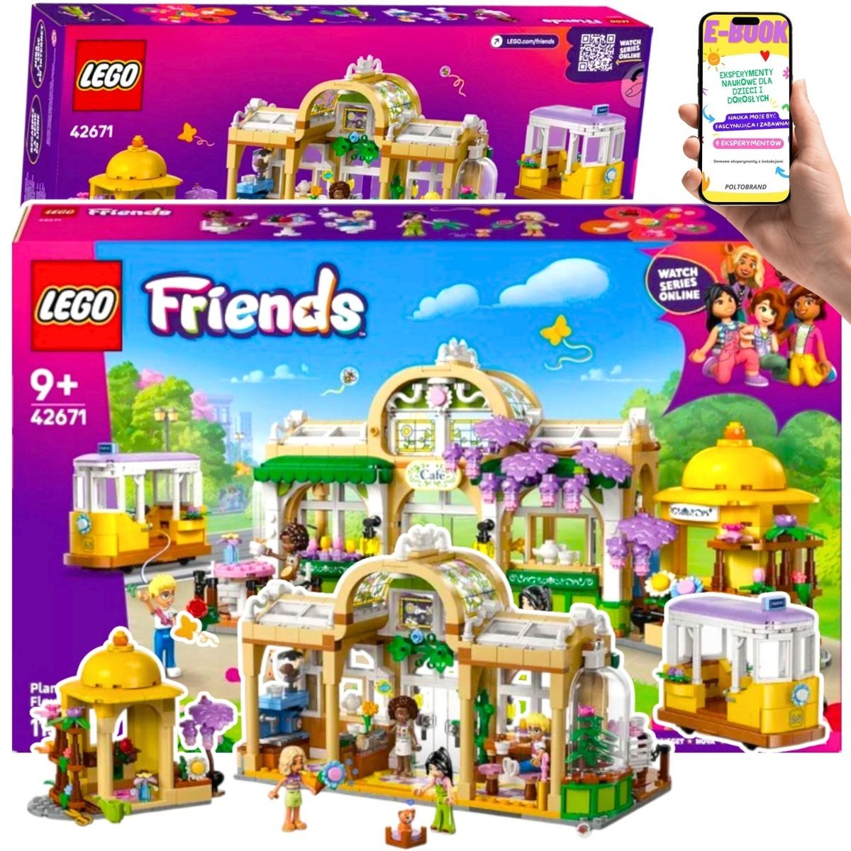 LEGO PREZENT DLA DZIEWCZYNKI 9+ LEGO® Friends Zielona Kawiarnia i Kwiaciarnia (42671) Kreatywny Zestaw z Tramwajem i Figurkami + EBOOK
