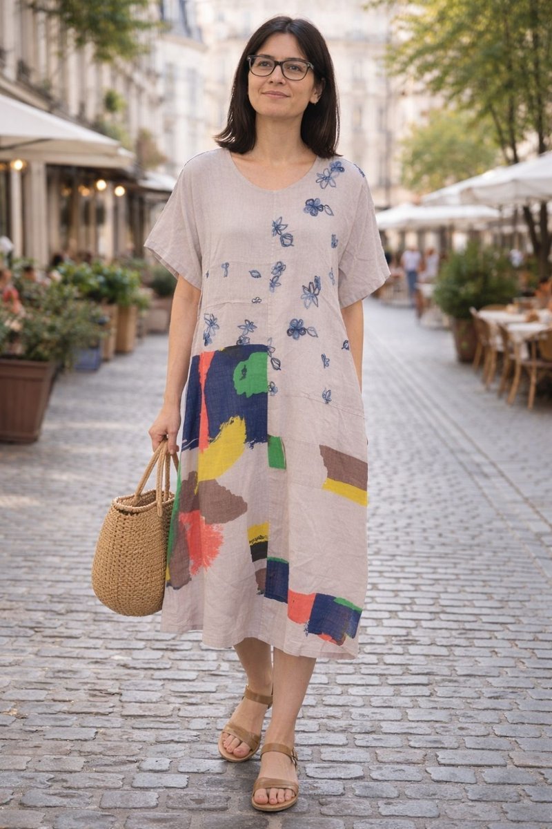 Sukienka damska lniana boho Made in Italy beżowa oversize wzory Uni