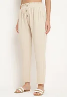 Spodnie damskie - Beżowe Spodnie z Wysoką Talią Typu Paper Bag z Gumką w Pasie Noravia - miniaturka - grafika 1