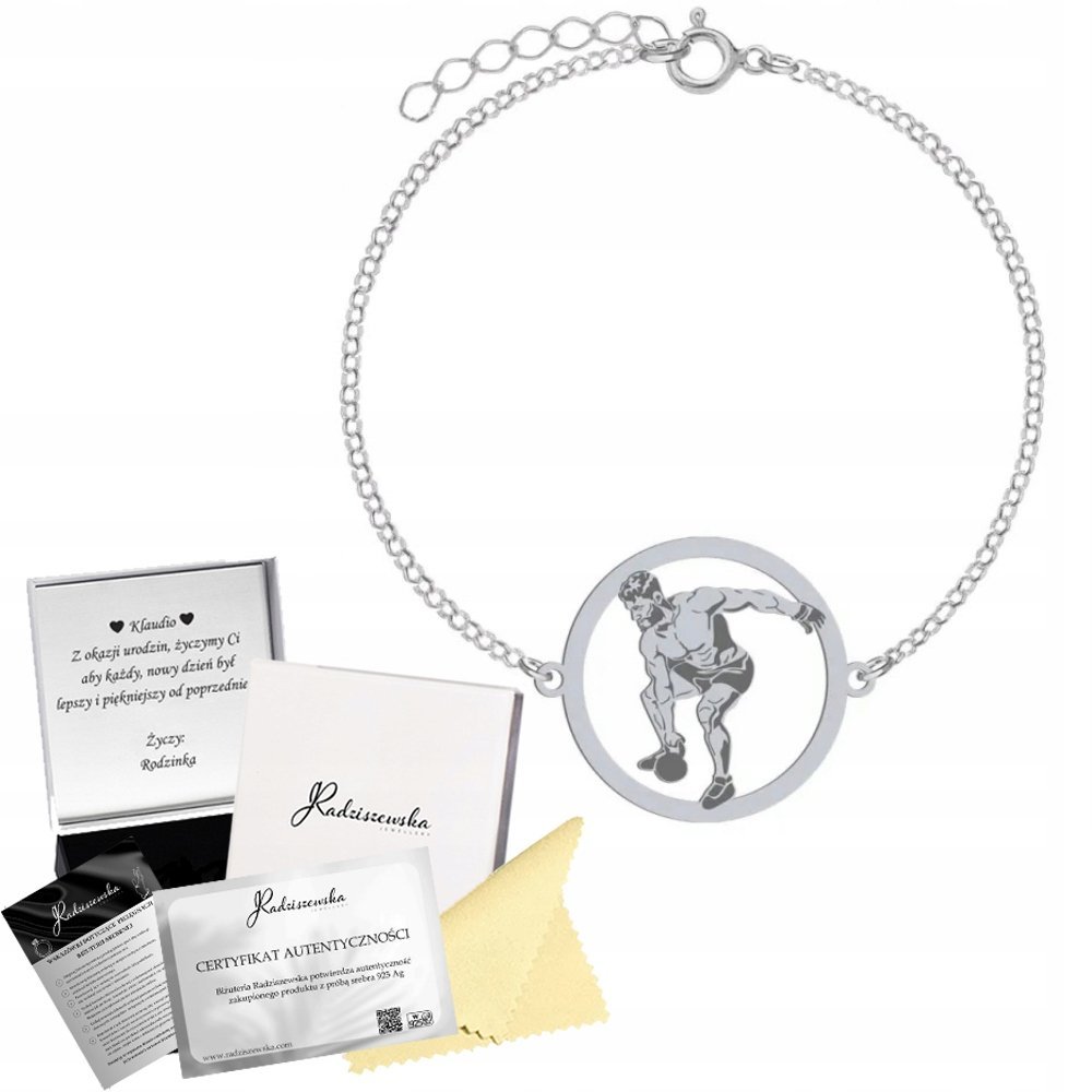 Bransoletka Srebrna Męska Kettlebell Crossfit 925 Pancerka Prezent GRAWER