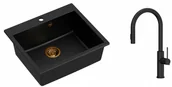 Zlewozmywaki z baterią - Quadron Zlewozmywak granitowy jednokomorowy 57*50*22 cm MORGAN 110 PURE CARBON czarny z miedzianym odpływem z baterią JENNIFER Q LINE SLIM PURE CARBON z wyciąganą wylewką i funkcją prysznica kolor czarny - miniaturka - grafika 1