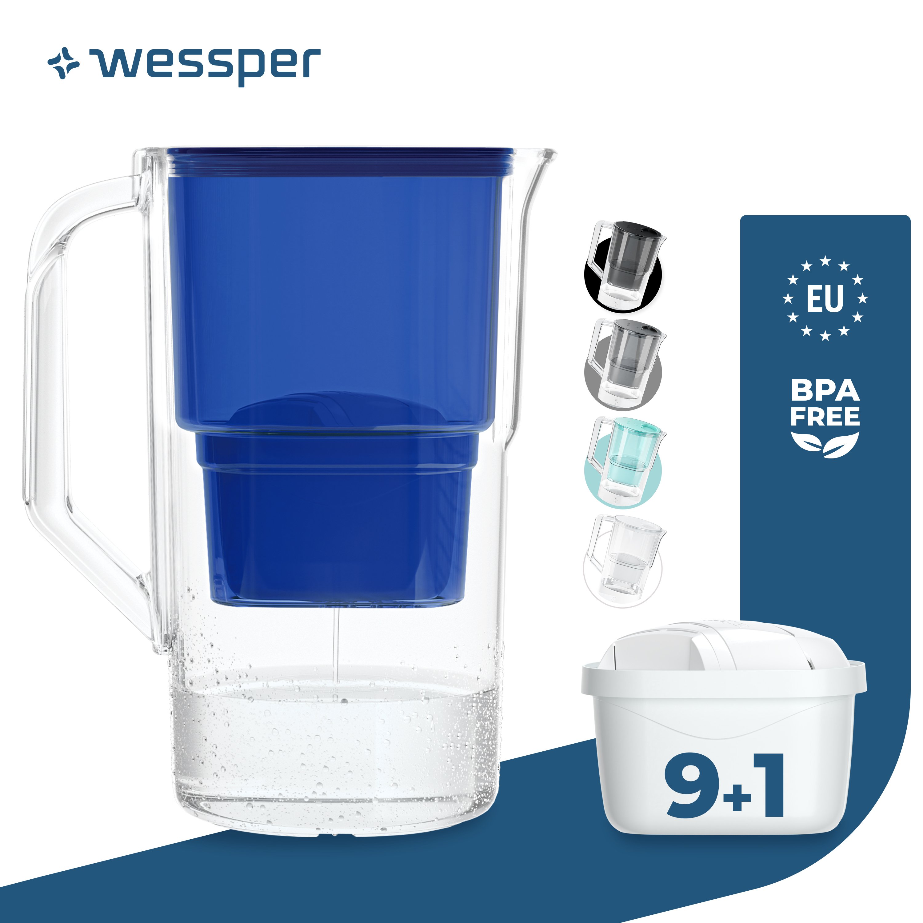 Dzbanek filtrujący wodę Wessper 2,5 L Kompatybilny z Brita Maxtra, system filtracji wody redukujący kamień, chlor + 10x filtr wody niebieski