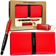 Portfele - PETERSON Zestaw portfel damski długopis brelok portfel damski średni czerwony na zatrzask i suwak elegancki prezent ochrona RFID - miniaturka - grafika 1