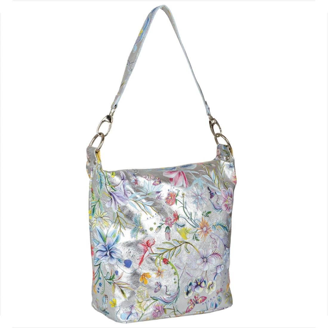 Lekka torba skórzana srebrna w kwiaty L