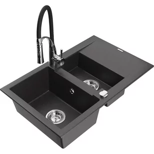 Mexen Gaspar zlewozmywak granitowy 1,5-komorowy z ociekaczem i baterią kuchenną Aster, czarny nakrapiany - Zlewozmywaki z baterią - miniaturka - grafika 1