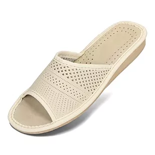 BeComfy Damskie skórzane kapcie pantofle domowe letnie klapki beżowy czerwony czarny 35-41 EU (Beżowy ażurowy, numeric_37) - Kapcie damskie - miniaturka - grafika 1