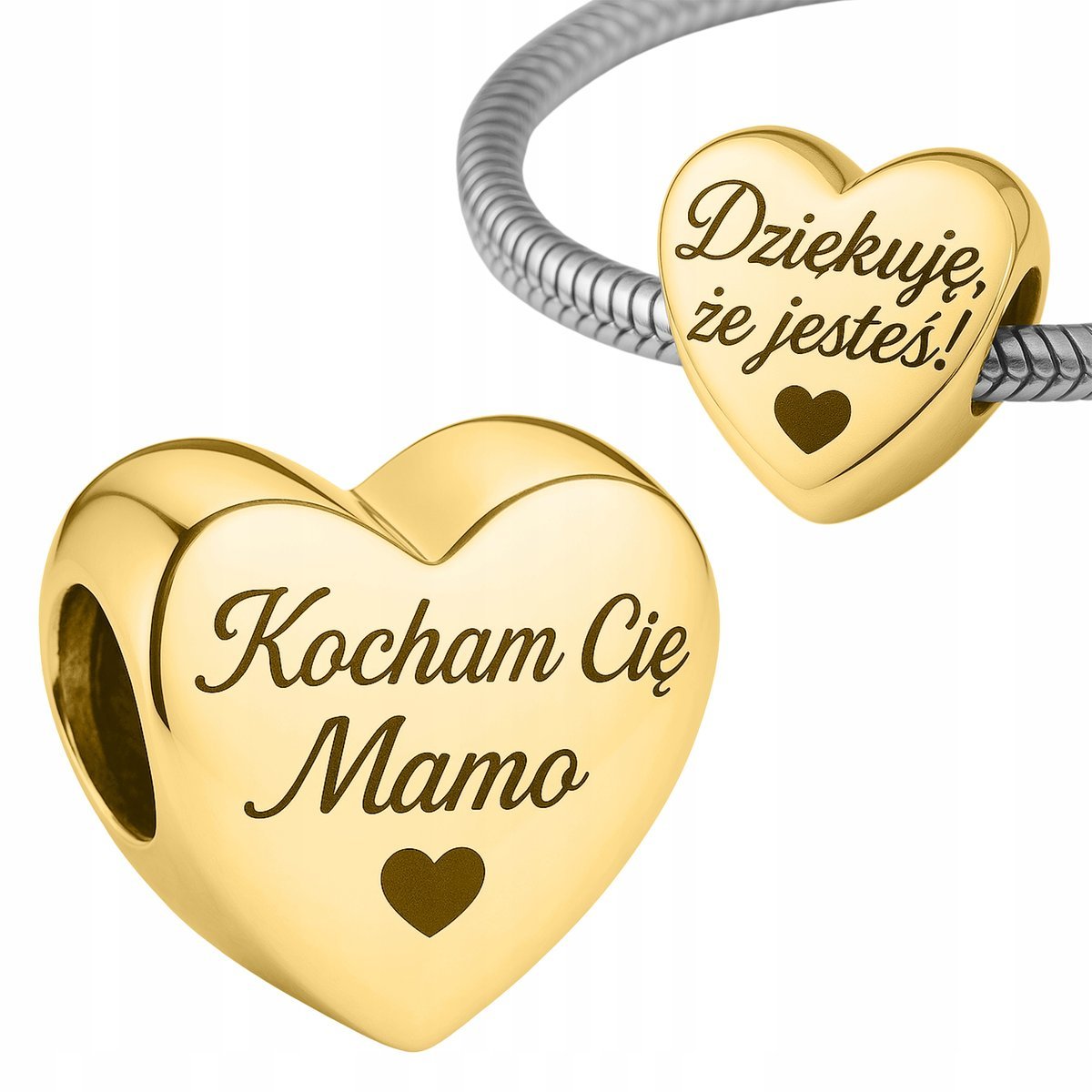 Złoty Charms Serce z Grawerem Kocham Cię Mamo Dziękuje że Jesteś SREBRO 925