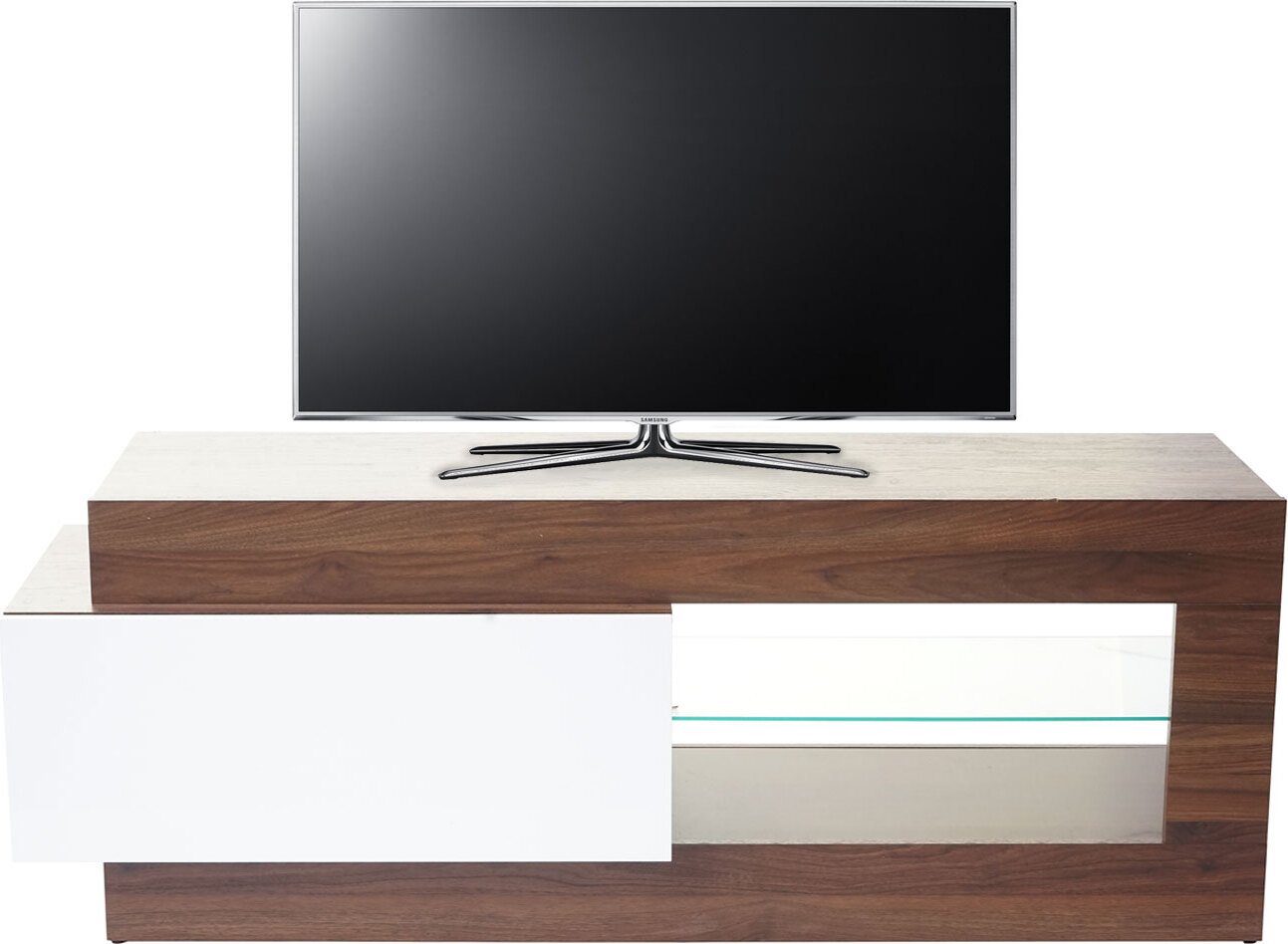 Szafka pod telewizor HWC-B51, stolik pod telewizor, szafka niska, struktura 3D orzech wysoki połysk 55x150x47cm