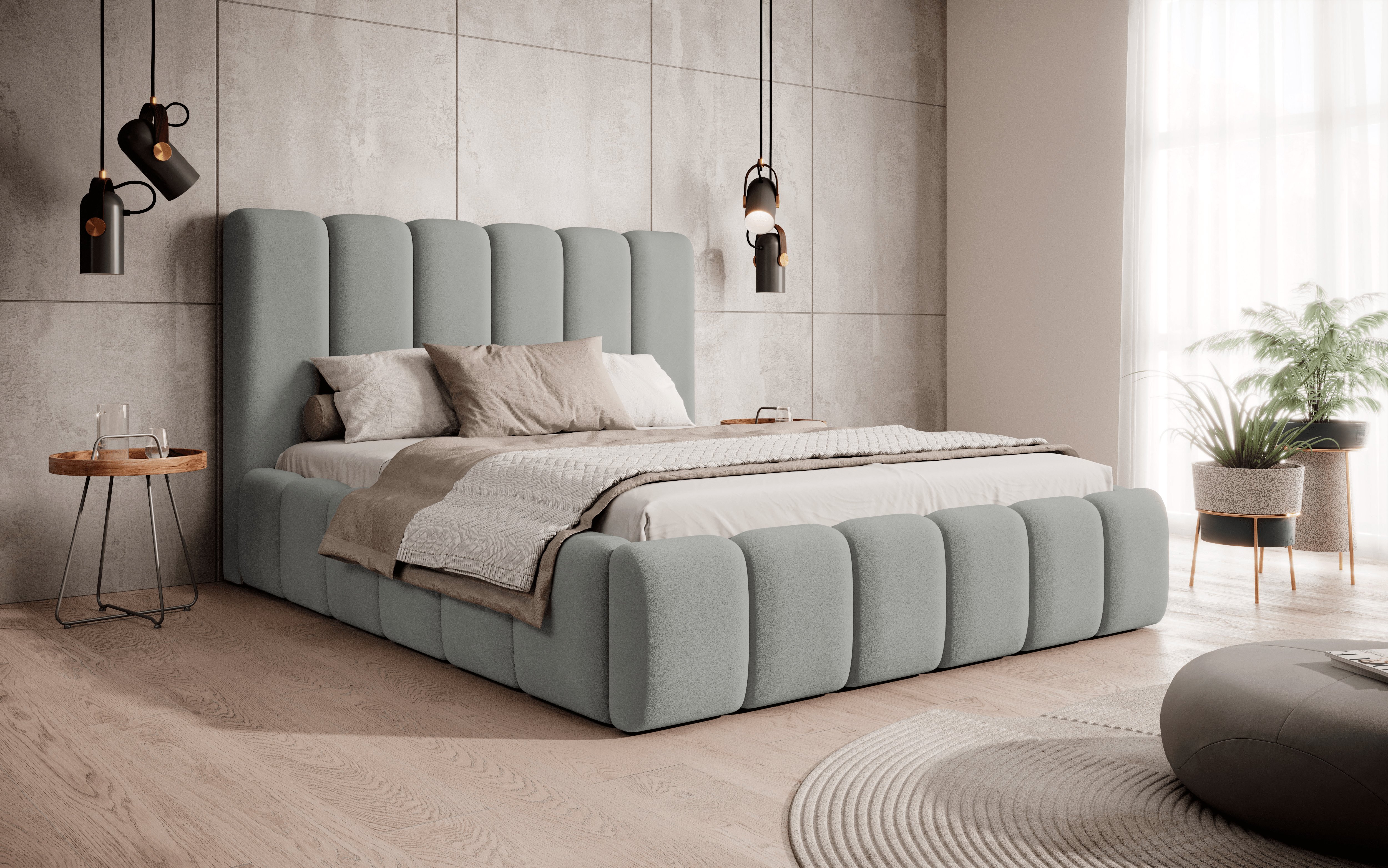 Łóżko tapicerowane Dream 200x200 - Designerskie łóżko z szafką nocną i stelażem z listew - Jasnoszary & Magic Velvet 2218
