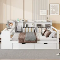 Sofy i kanapy - Sofa rozkładana z litego drewna 140*200 cm, z biurkiem, regałem i półkami, gniazdkiem elektrycznym, z 2 dużymi schowkami, biała - miniaturka - grafika 1