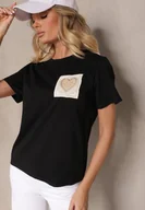 Bluzki damskie - Czarna Bawełniana Bluzka Ozdobiona Sercem z Cyrkonii Marionella - miniaturka - grafika 1